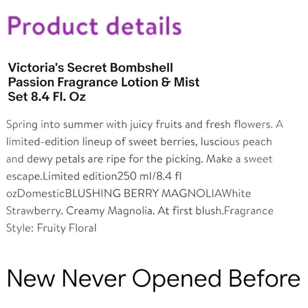 Victoria's Secret Bombshell
Passion Fragrance Lotion & Mist
Set 8.4 Fl. … - Picture 6 of 17
